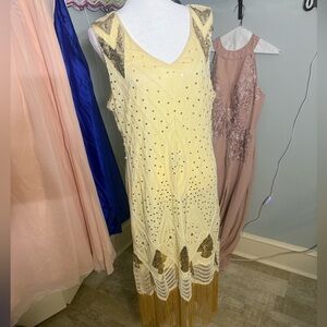 Yellow Beaded Fringe Flapper Dress